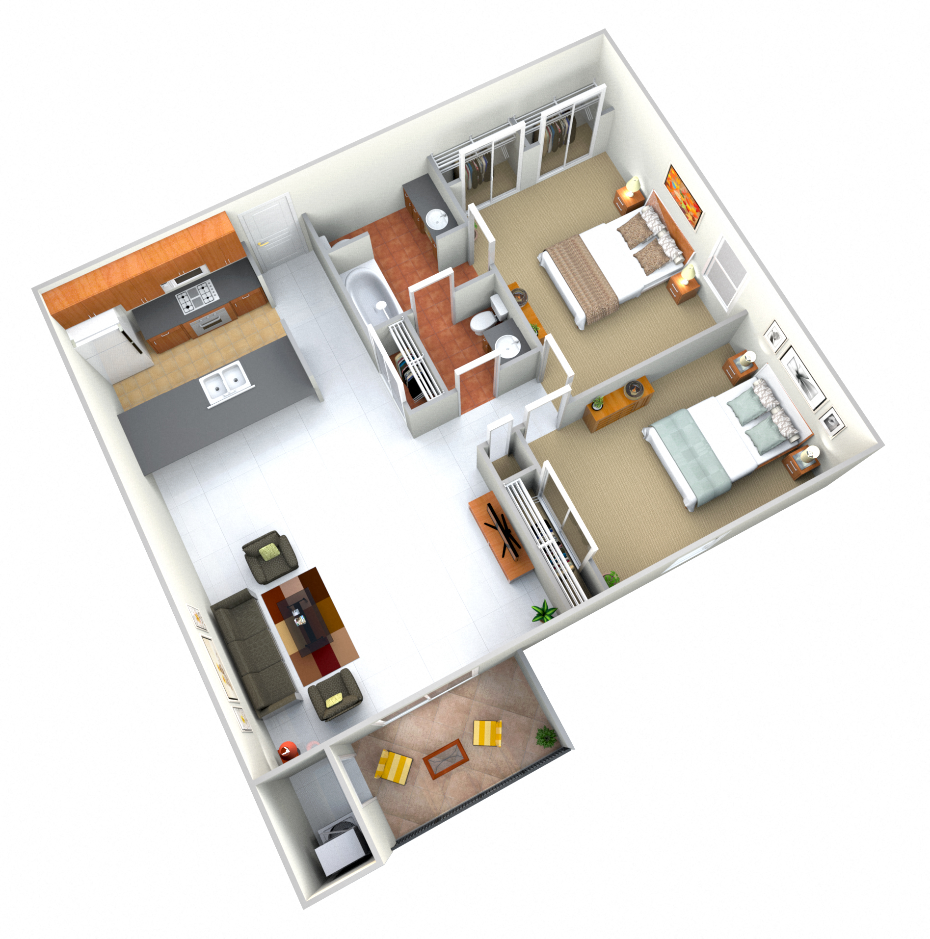 Floor plan for 2 beds, 1.5 baths, 1028 sqft